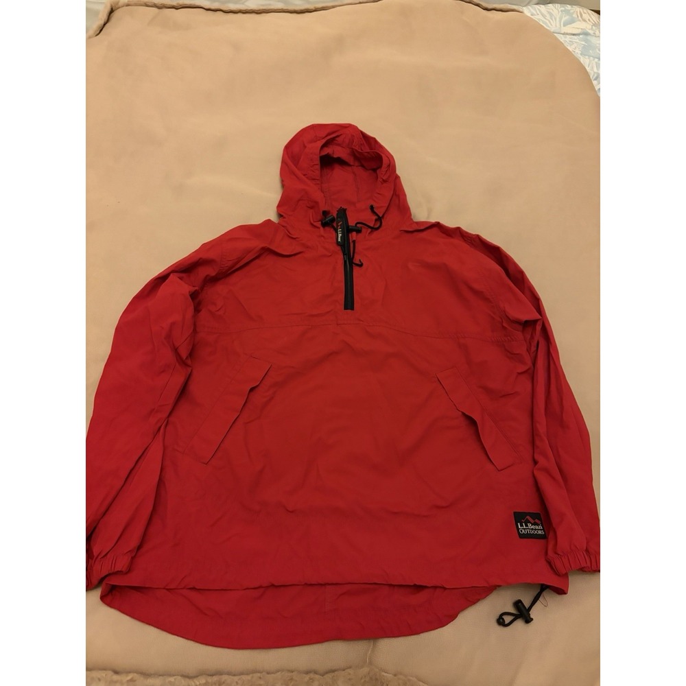 LL Bean Jacket Womens Small Red Hooded Anorak Half Zip Lightweight Windbreaker